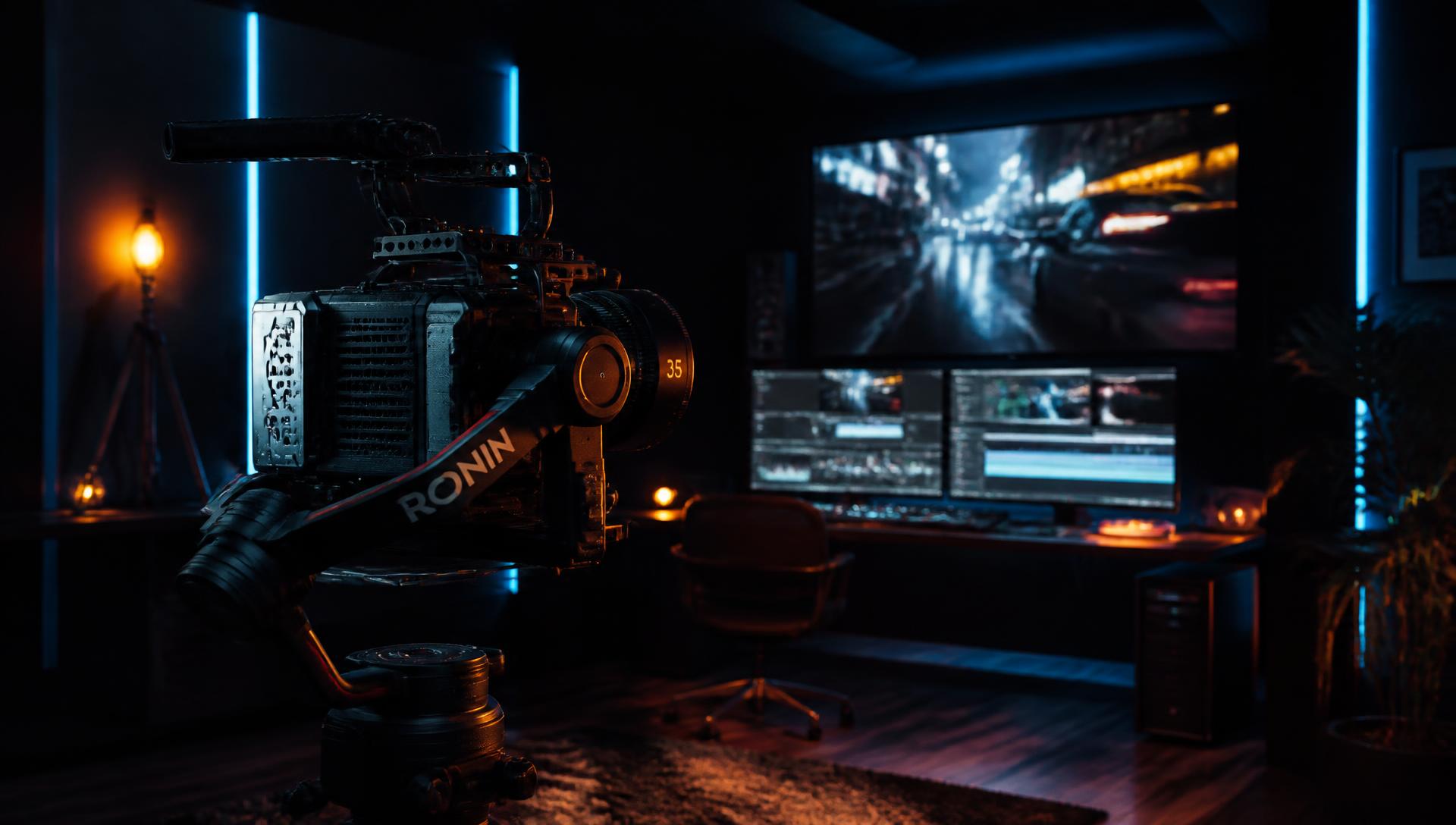 Estúdio cinematográfico de produção e edição de vídeo com iluminação azul e laranja